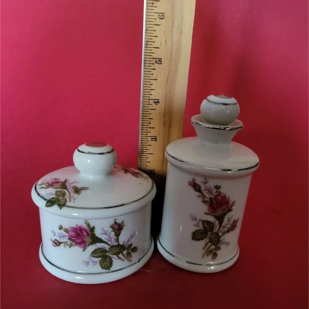 Chase Japan Vintage Ceramic Vanity Jars with Silver Detail Storage Keepsake Box